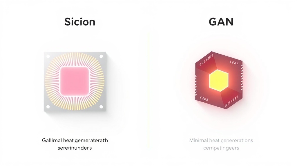 실리콘 반도체와 질화갈륨 반도체의 내부 구조 및 효율성 차이를 보여주는 비교 도식