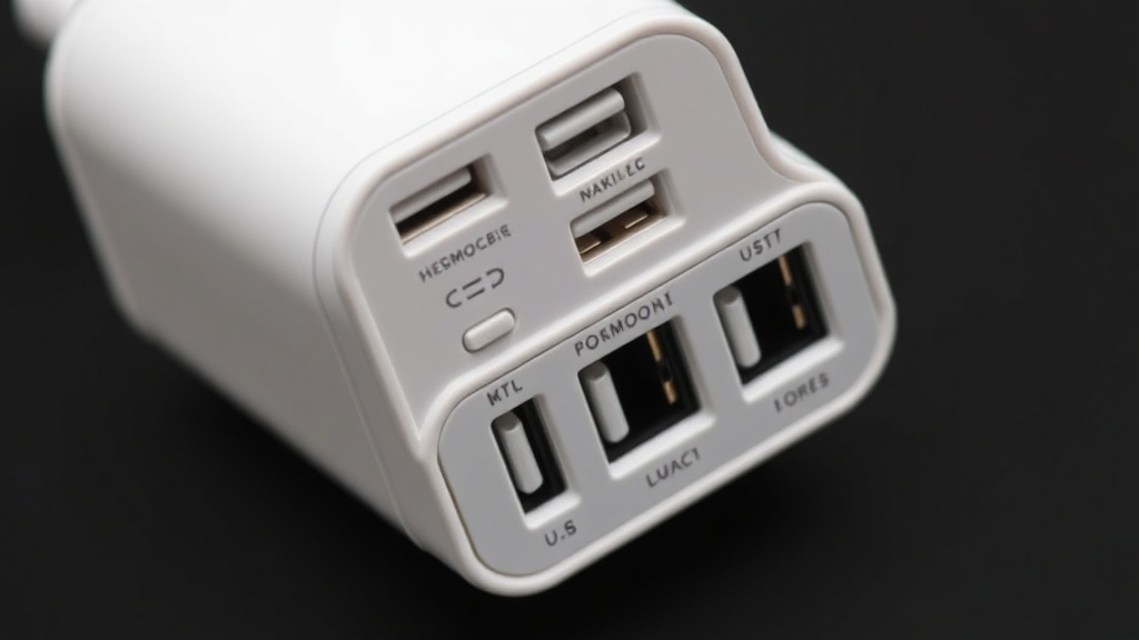 다양한 규격의 USB-C 포트들이 배열된 충전기의 측면 모습