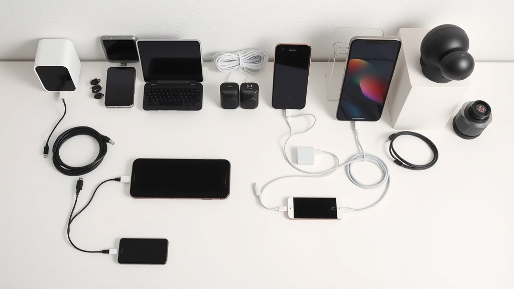 다양한 전자기기와 충전 케이블이 깔끔하게 정리된 책상 위에서 충전 환경을 구성하는 장면