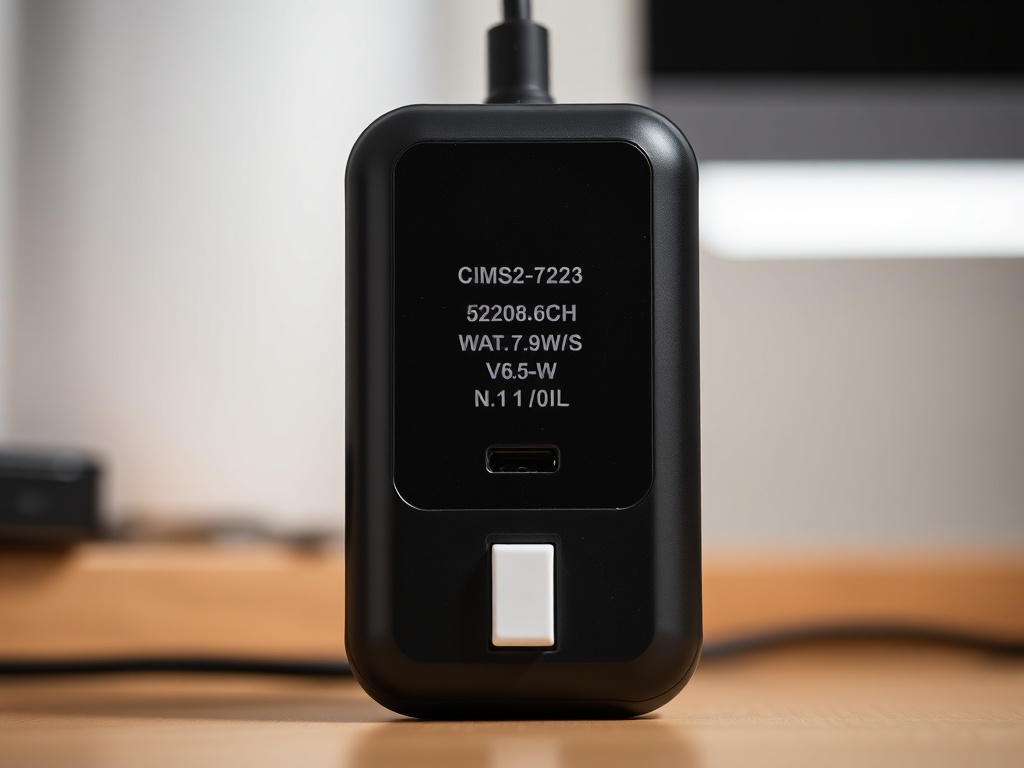 스마트폰 충전기 뒷면에 적힌 와트, 볼트, 암페어 등 복잡한 출력 스펙 표기를 확대하여 보여주는 모습